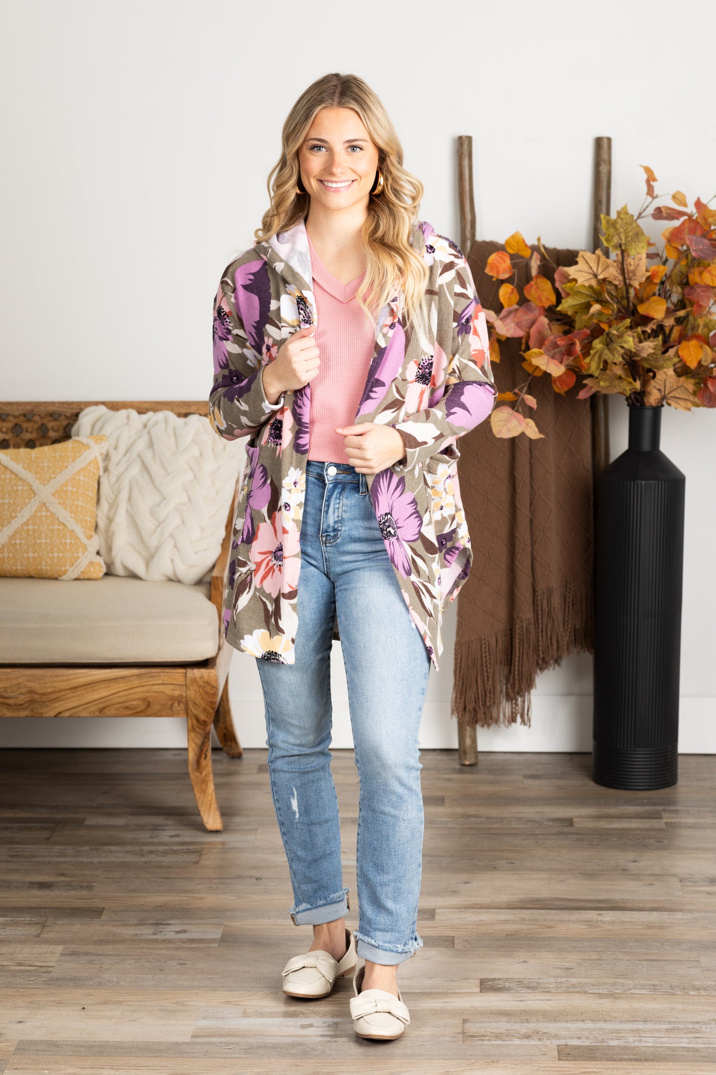 Olive Floral Print Pocket Cardigan With Hoodie