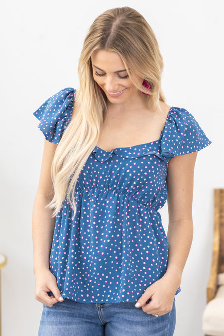 Dusty Blue Dot Print Short Sleeve Woven Top