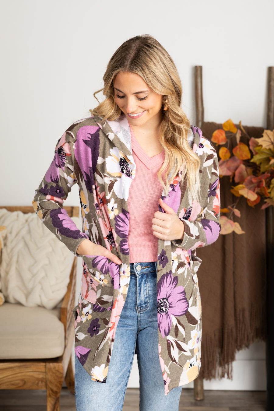 Olive Floral Print Pocket Cardigan With Hoodie