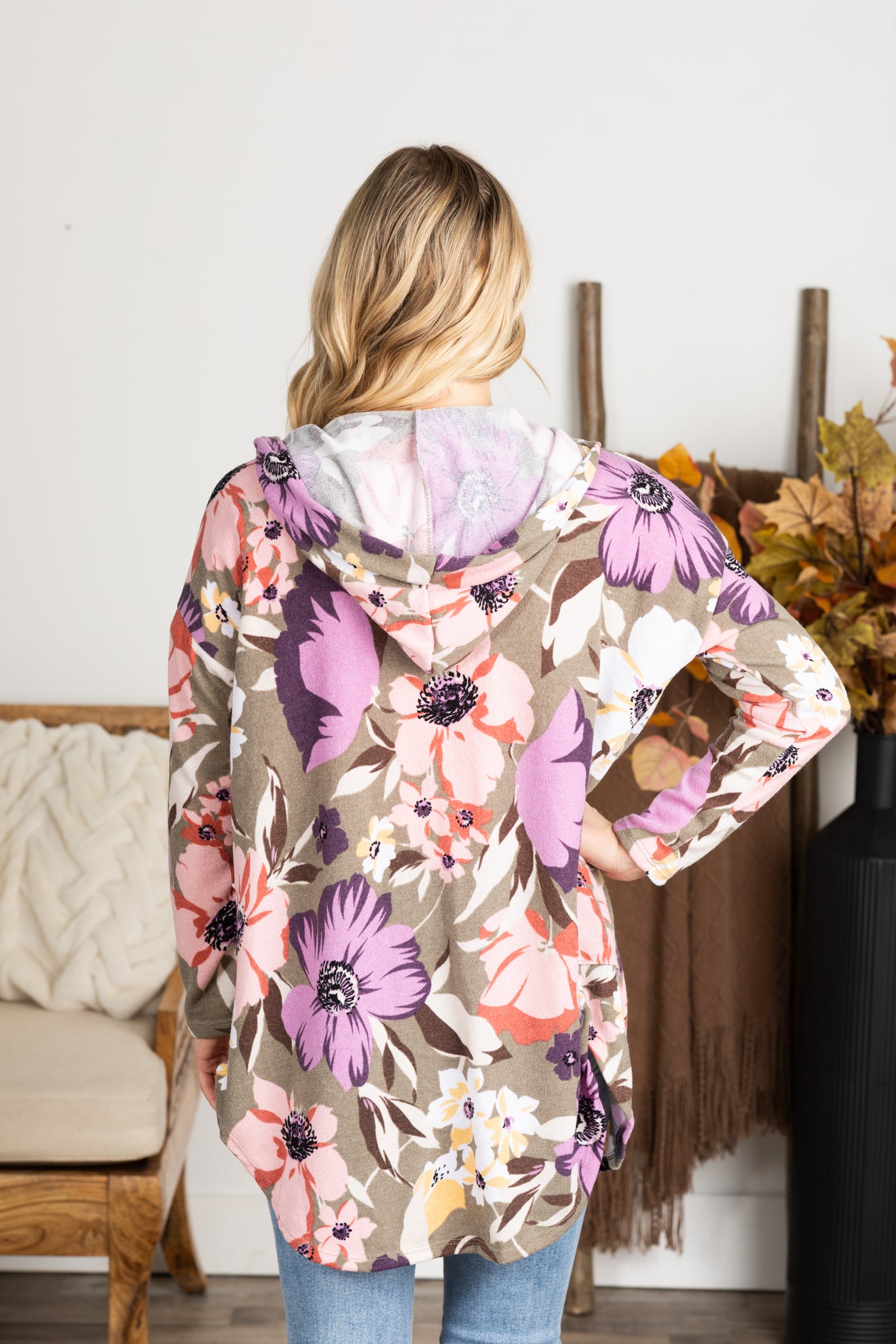 Olive Floral Print Pocket Cardigan With Hoodie