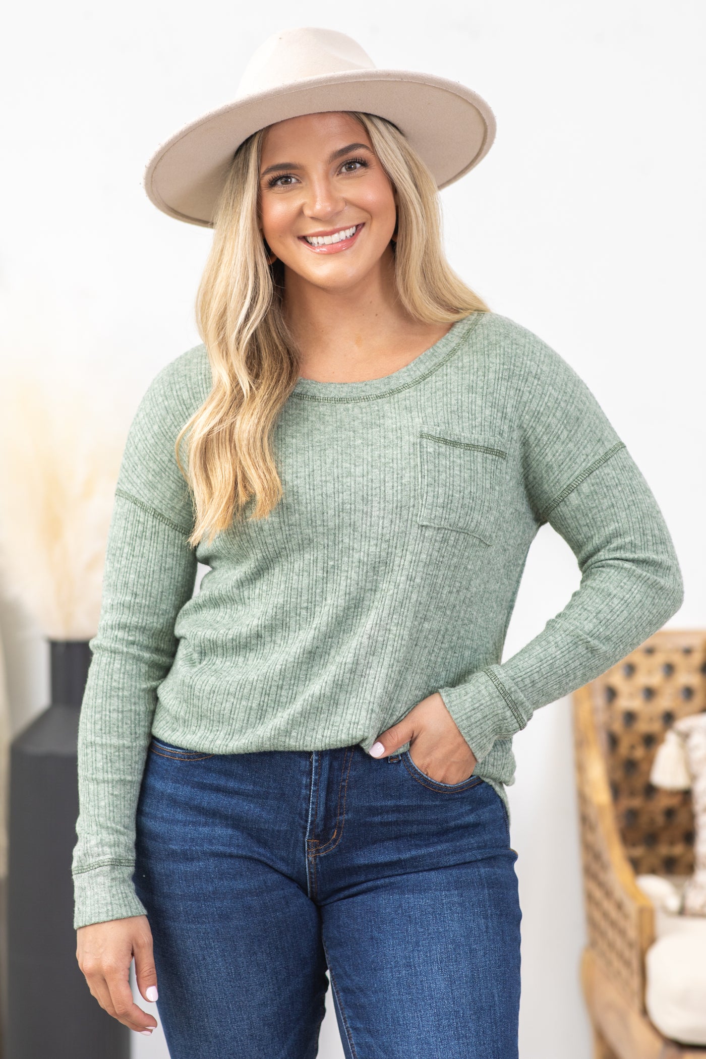 Hunter Green Contrast Stitch Drop Shoulder Top