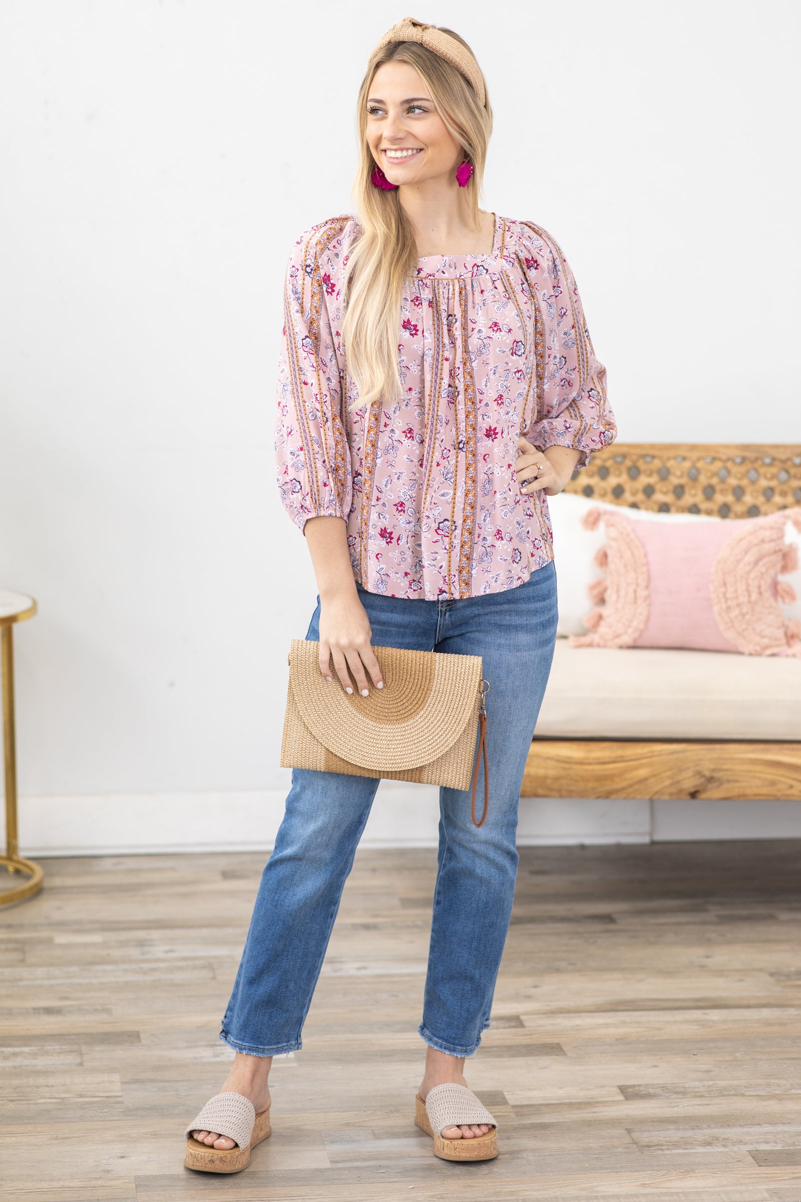 Dusty Rose Square Neckline Floral Woven Top