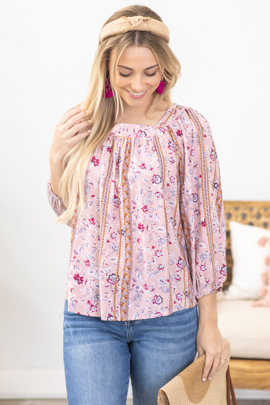 Dusty Rose Square Neckline Floral Woven Top