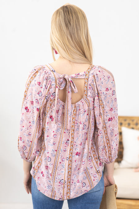 Dusty Rose Square Neckline Floral Woven Top