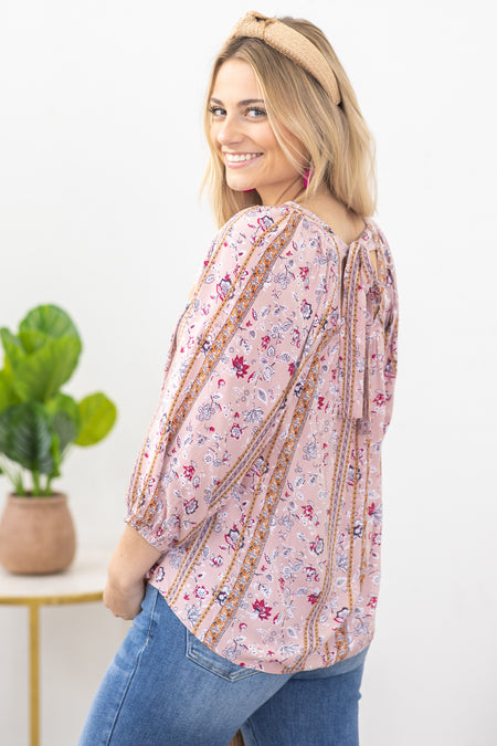 Dusty Rose Square Neckline Floral Woven Top