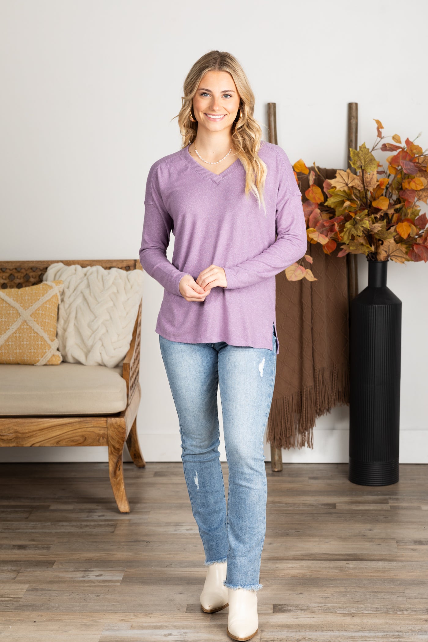 Ultra Soft V-Neck Long Sleeve Knit Top