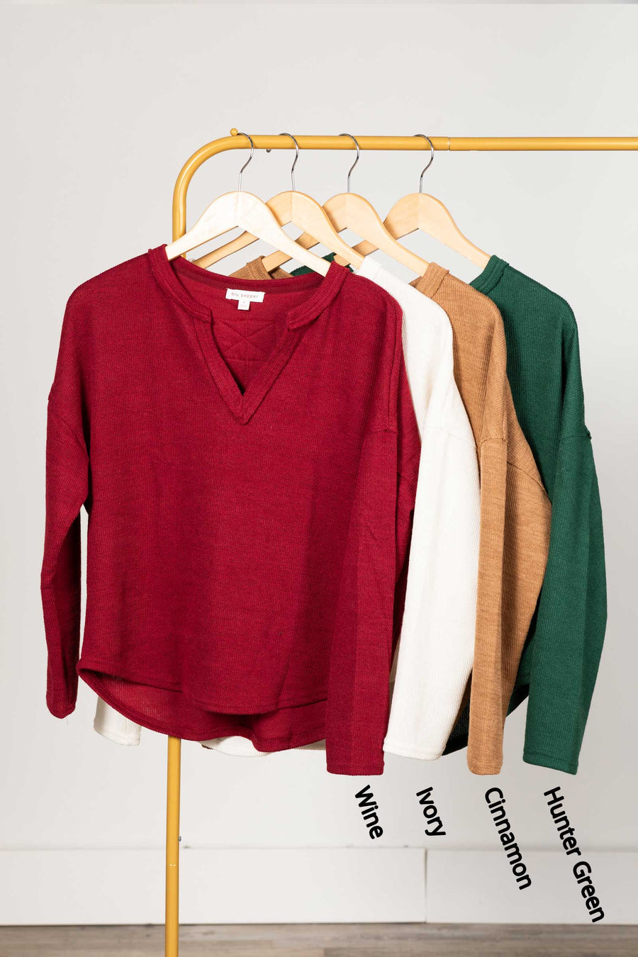 Solid Notch Long Sleeve Knit Top