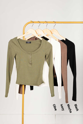 Scoop Neck Long Sleeve Henley Knit Top