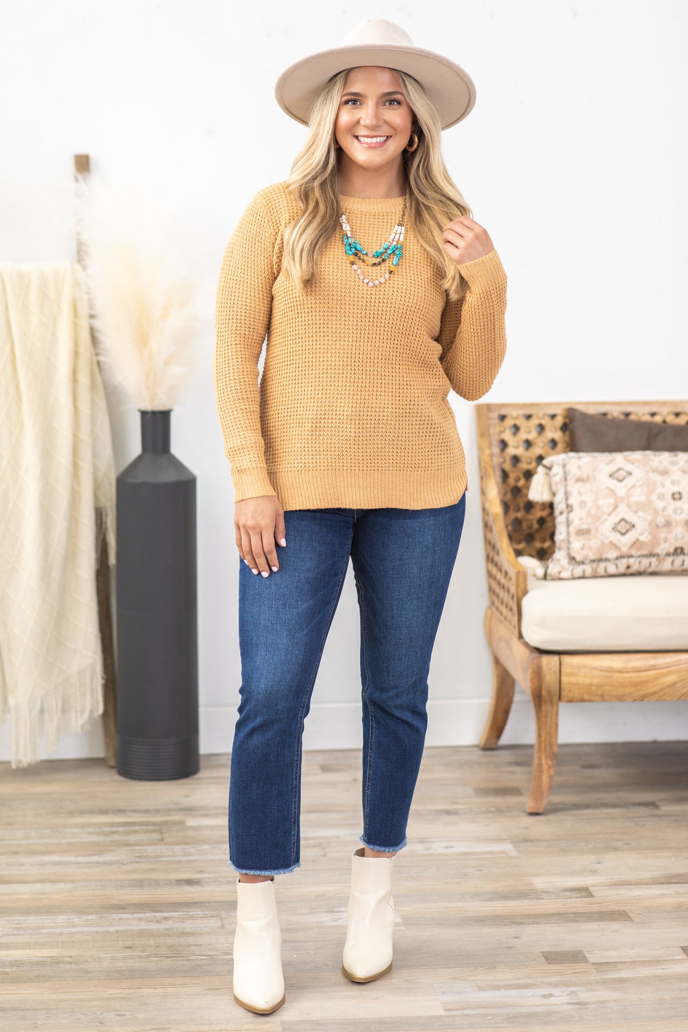 Waffle Knit Round Neck Sweater