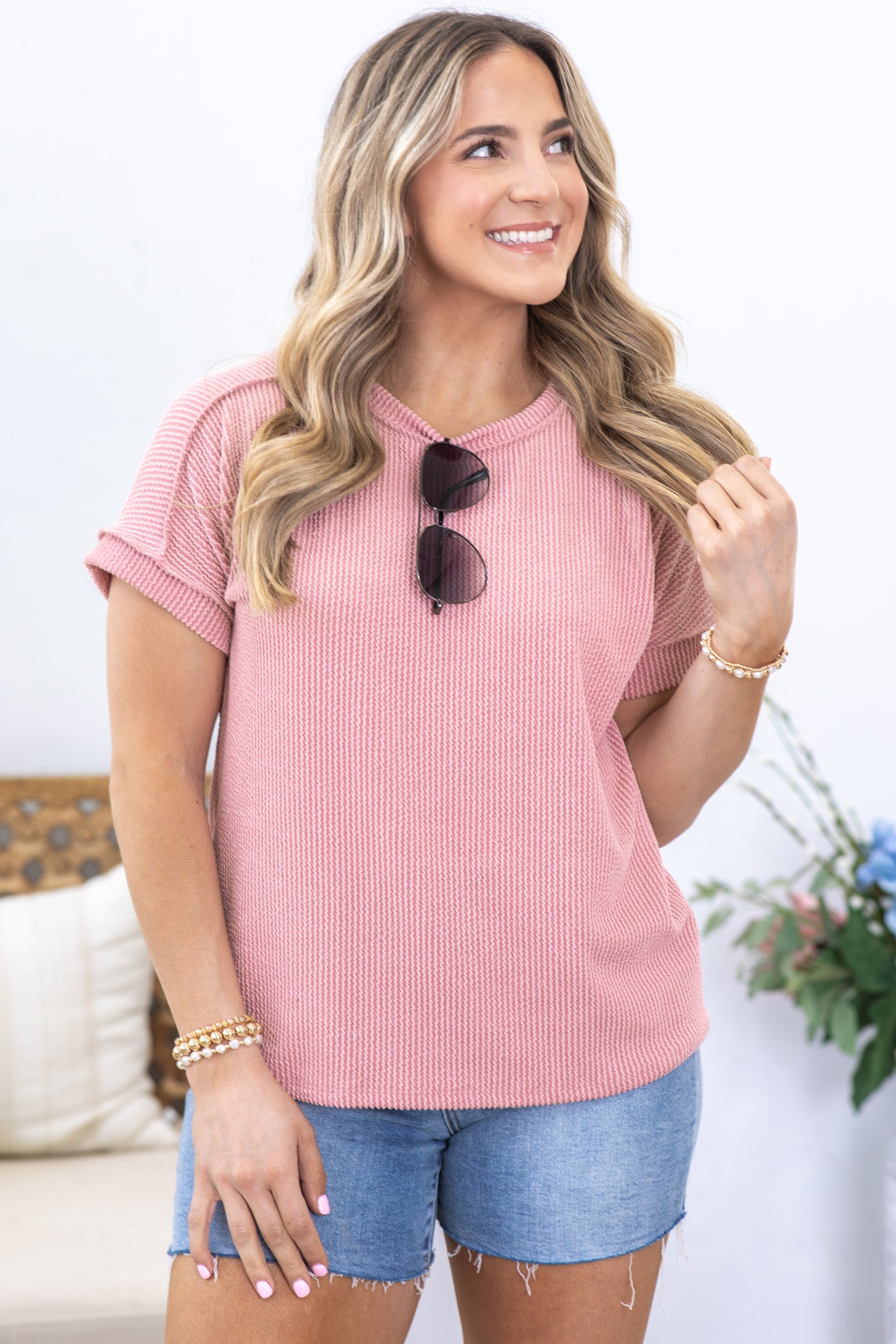 Ribbed Short Sleeve Crew Neck Top