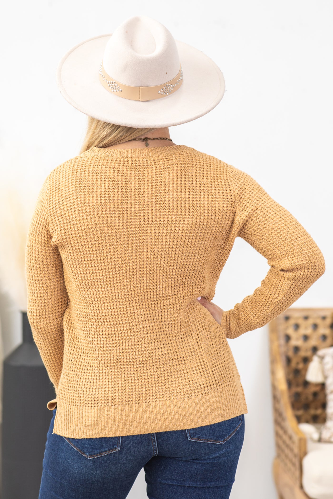 Waffle Knit Round Neck Sweater