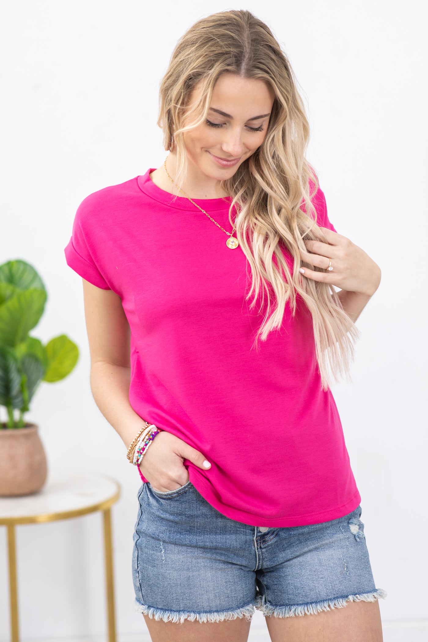 Fuchsia Crewneck Short Sleeve Knit Terry Top