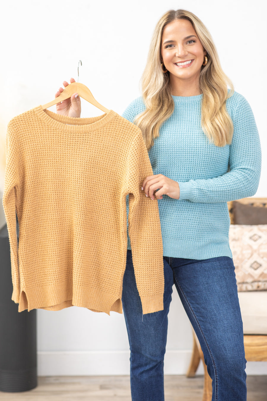 Waffle Knit Round Neck Sweater