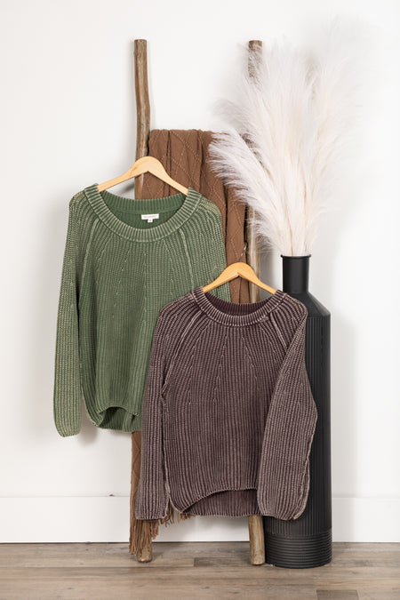 Washed Crewneck Knit Pullover Sweater