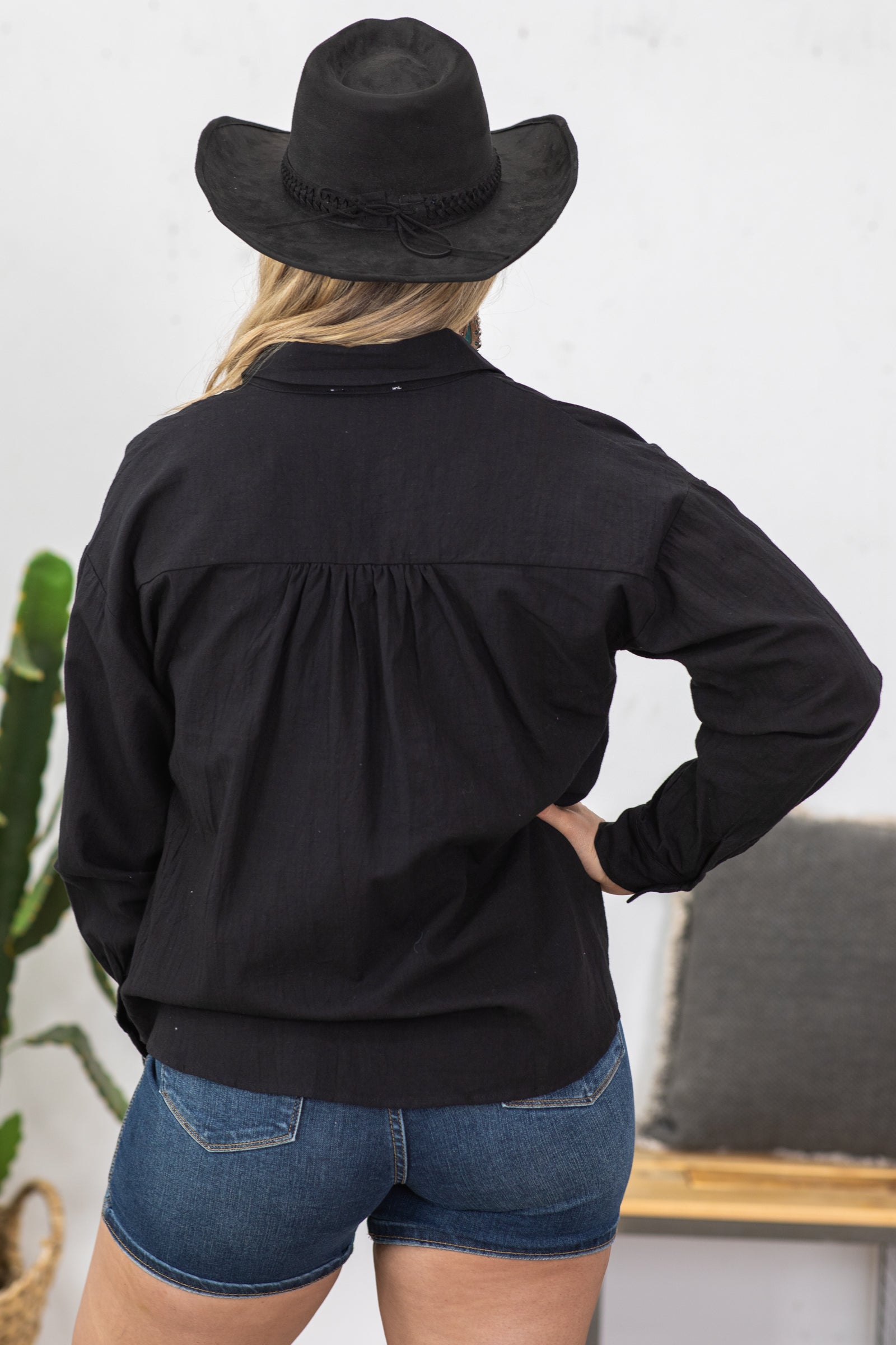 Black Collared Button Up Woven Top