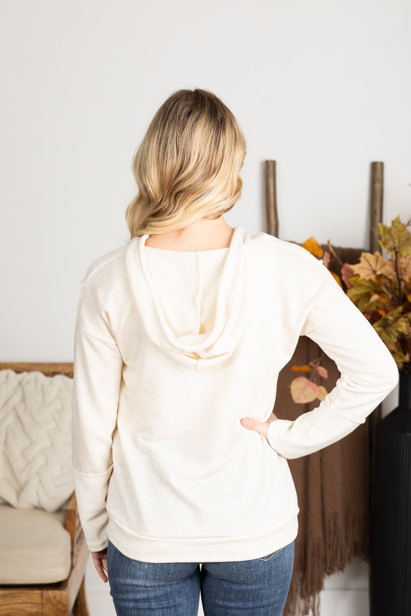 Oatmeal Drawstring Hoodie With Exposed Seam