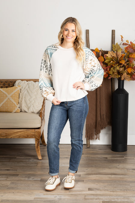 Beige Aztec Print Sleeve Knit Top