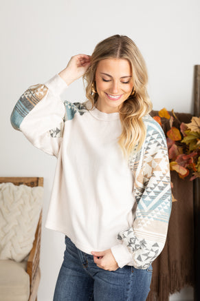 Beige Aztec Print Sleeve Knit Top