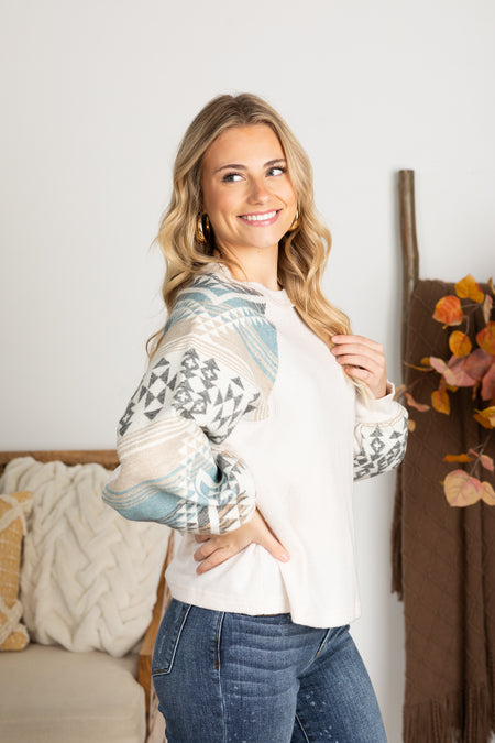 Beige Aztec Print Sleeve Knit Top