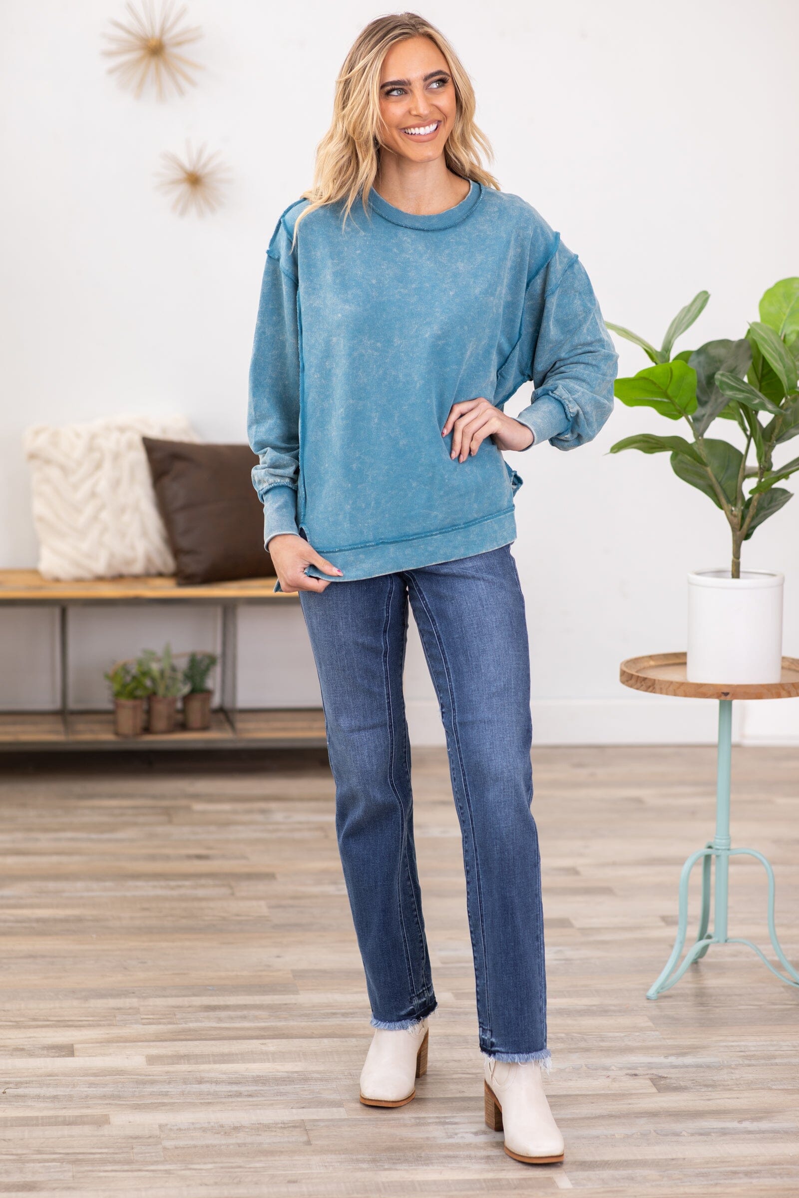 Teal Acid Wash Contrast Seam Sweatshirt · Filly Flair