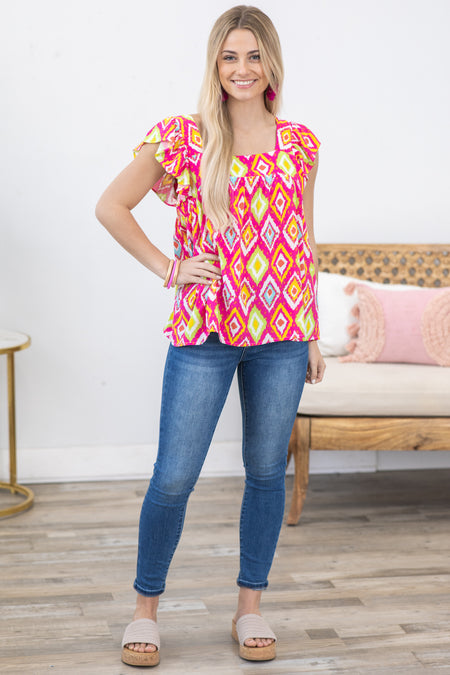 Pink Diamond Print Ruffle Sleeve Woven Top