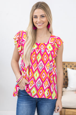 Pink Diamond Print Ruffle Sleeve Woven Top