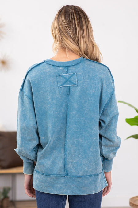 Teal Acid Wash Contrast Seam Sweatshirt - Filly Flair