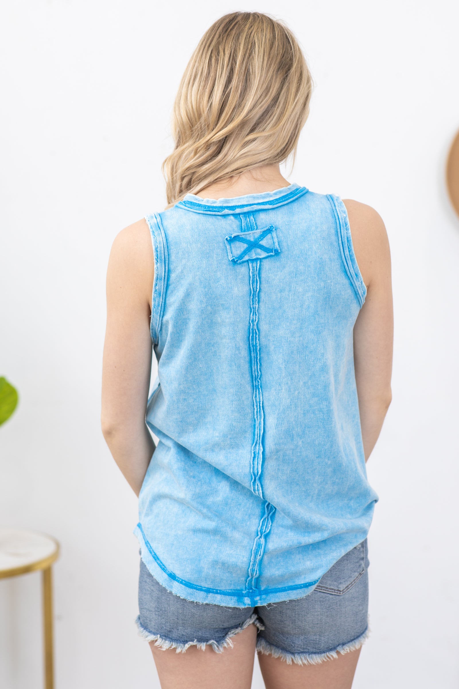 Blue Washed Half Button Knit Henley Top