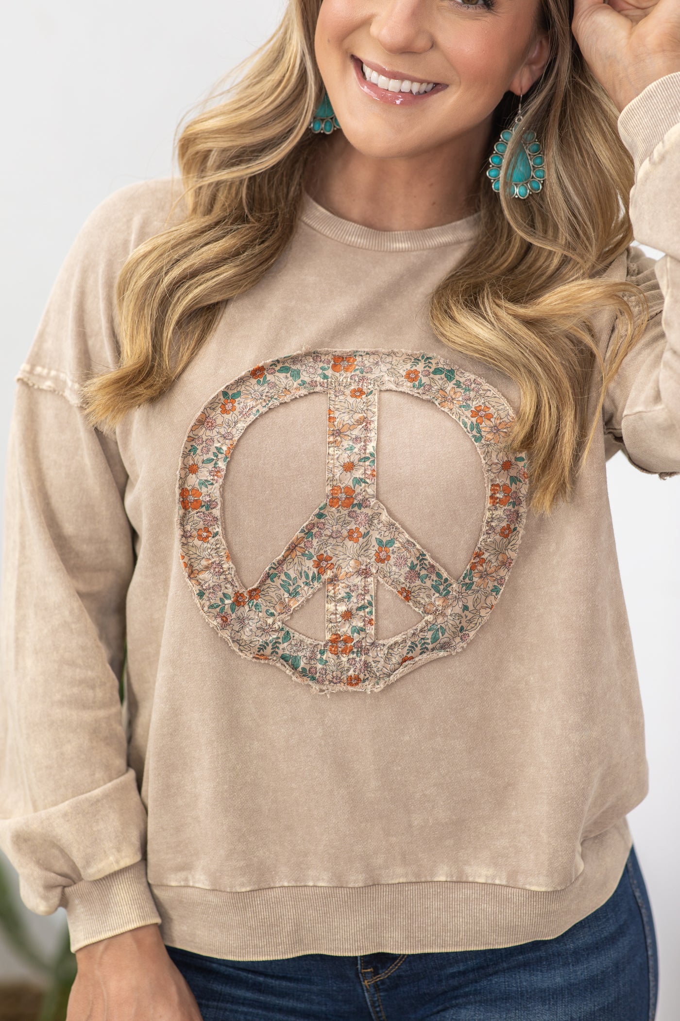 Tan Peace Sign Washed Terry Knit Top