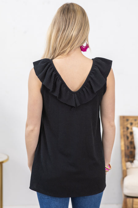 Black Ruffled V-Neck Ribbed Knit Tank