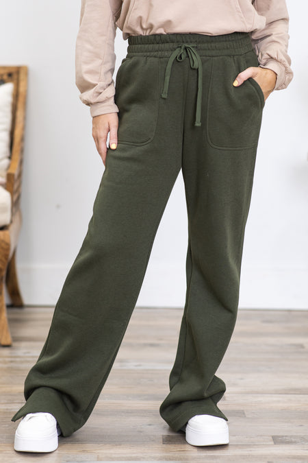 Olive Drawstring Straight Leg Pants