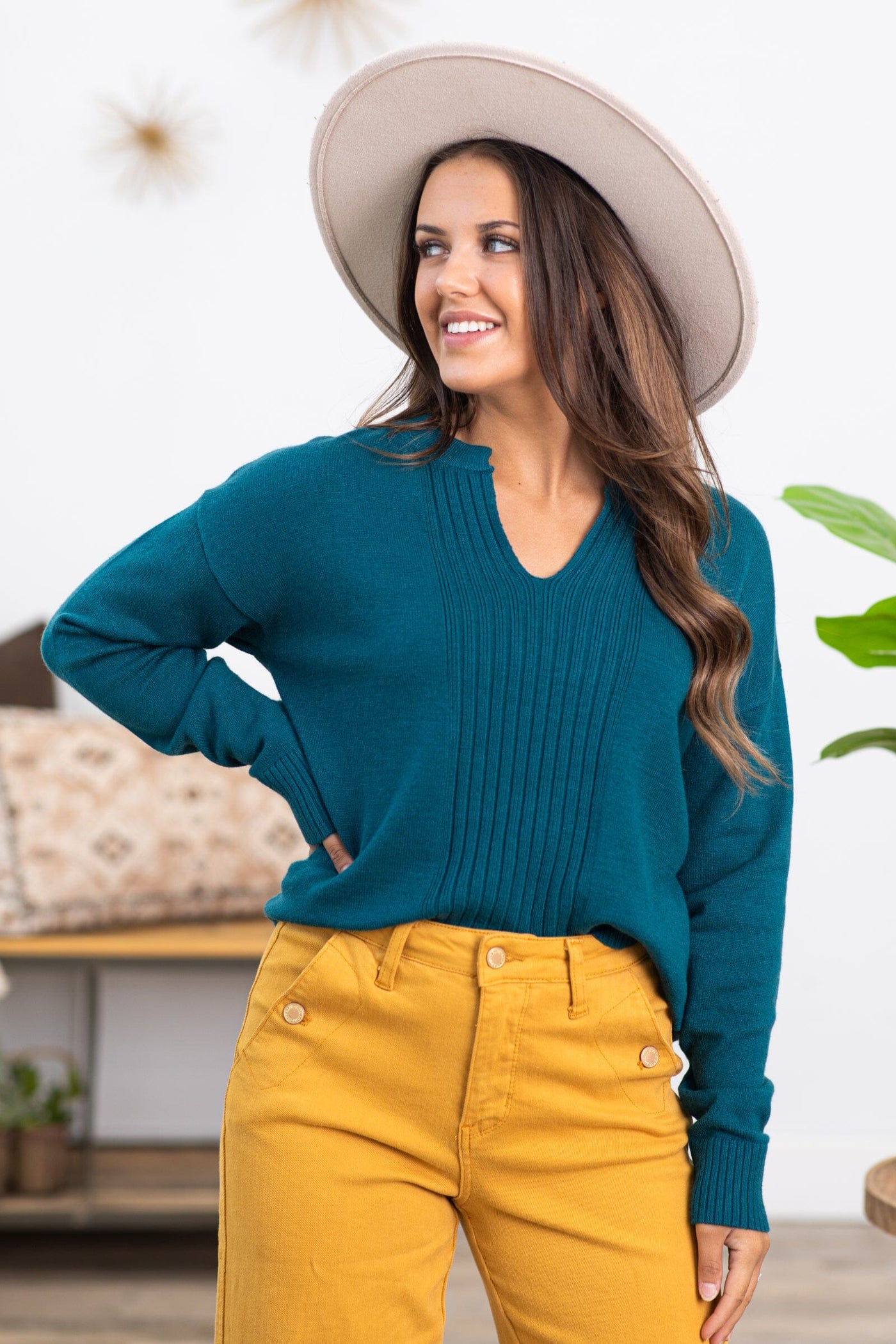 Teal Notch Neck Center Seam Sweater - Filly Flair