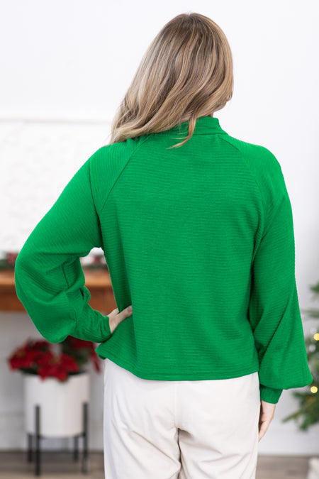 Green Mock Neck Ribbed Raglan Sleeve Top