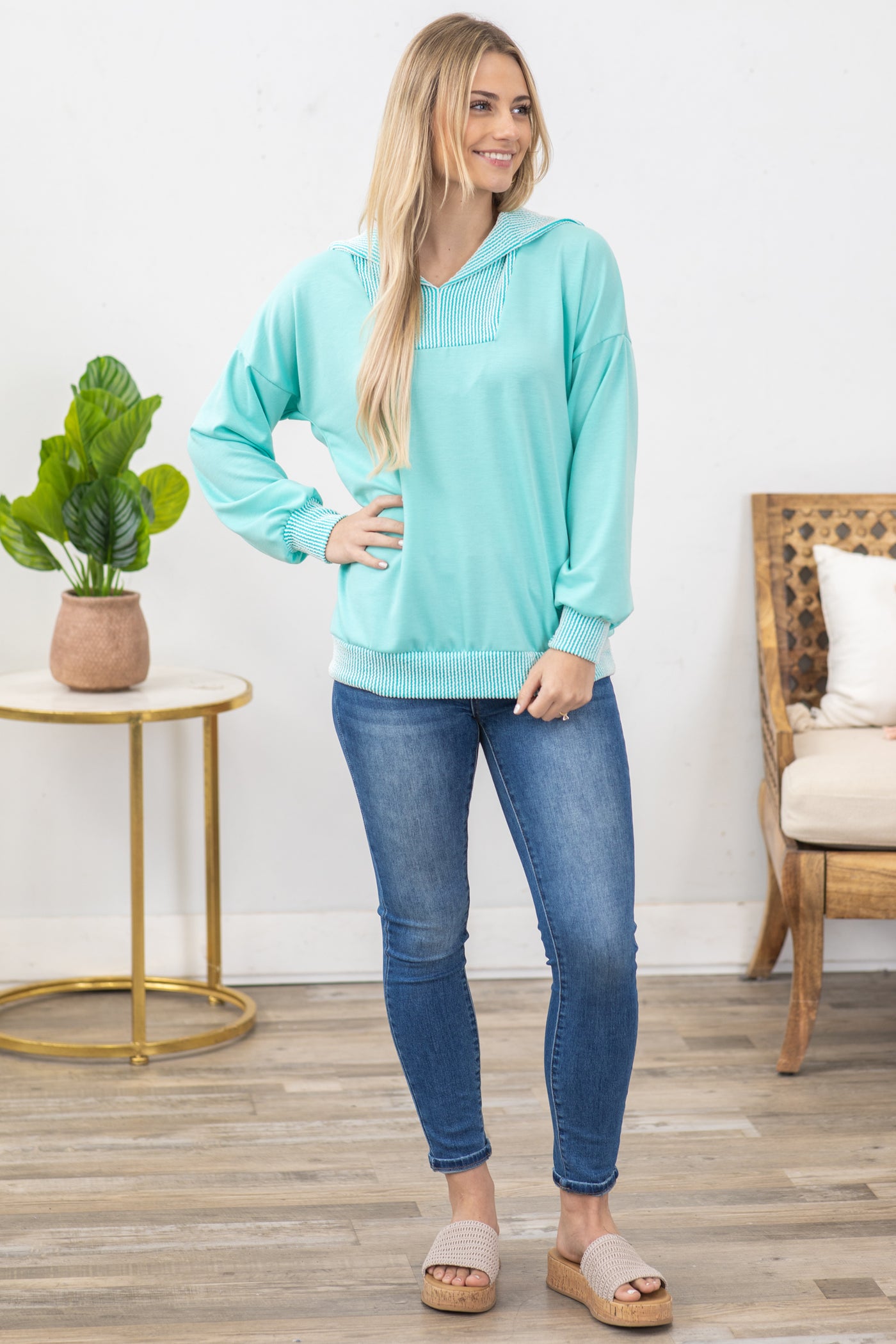 Turquoise Long Sleeve Rib Detail Knit Top