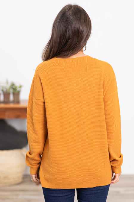 Copper Mini Waffle V-Neck Sweater With Seam