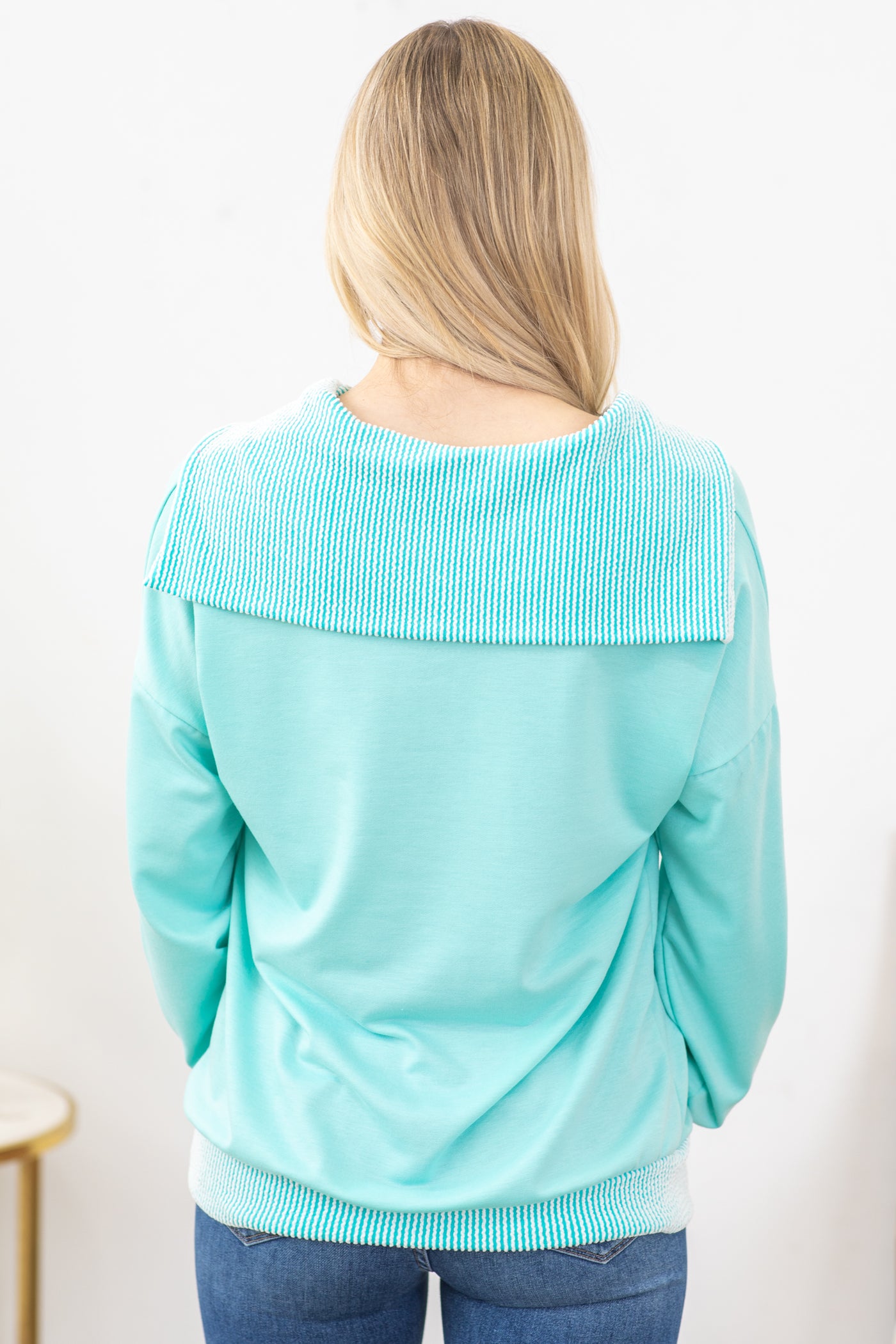 Turquoise Long Sleeve Rib Detail Knit Top