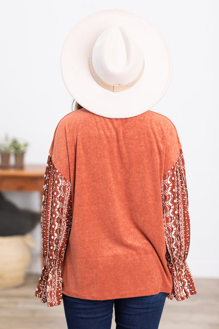 Rust Top With Aztec Print Balloon Sleeves