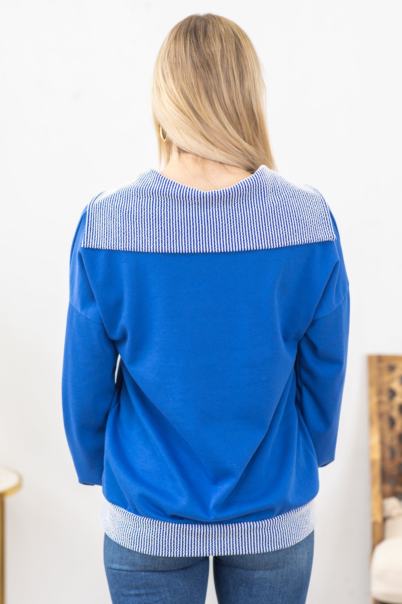 Blue Long Sleeve Rib Detail Knit Top