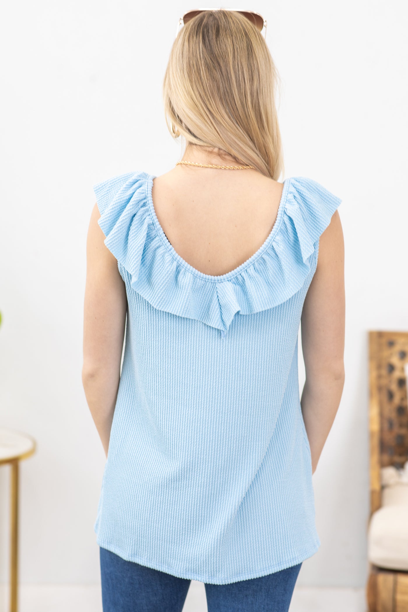 Baby Blue Ruffled V-Neck Ribbed Knit Top