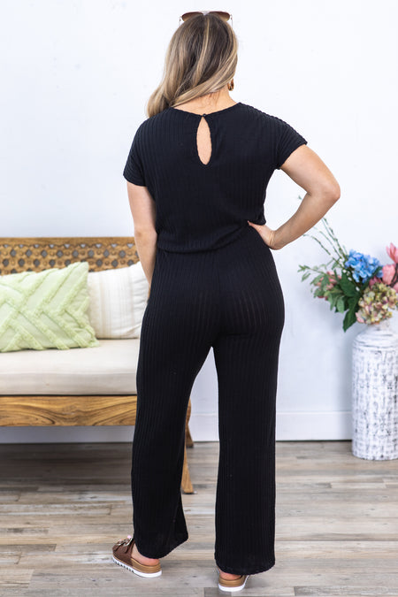 Black Ribbed Short Sleeve Jumpsuit