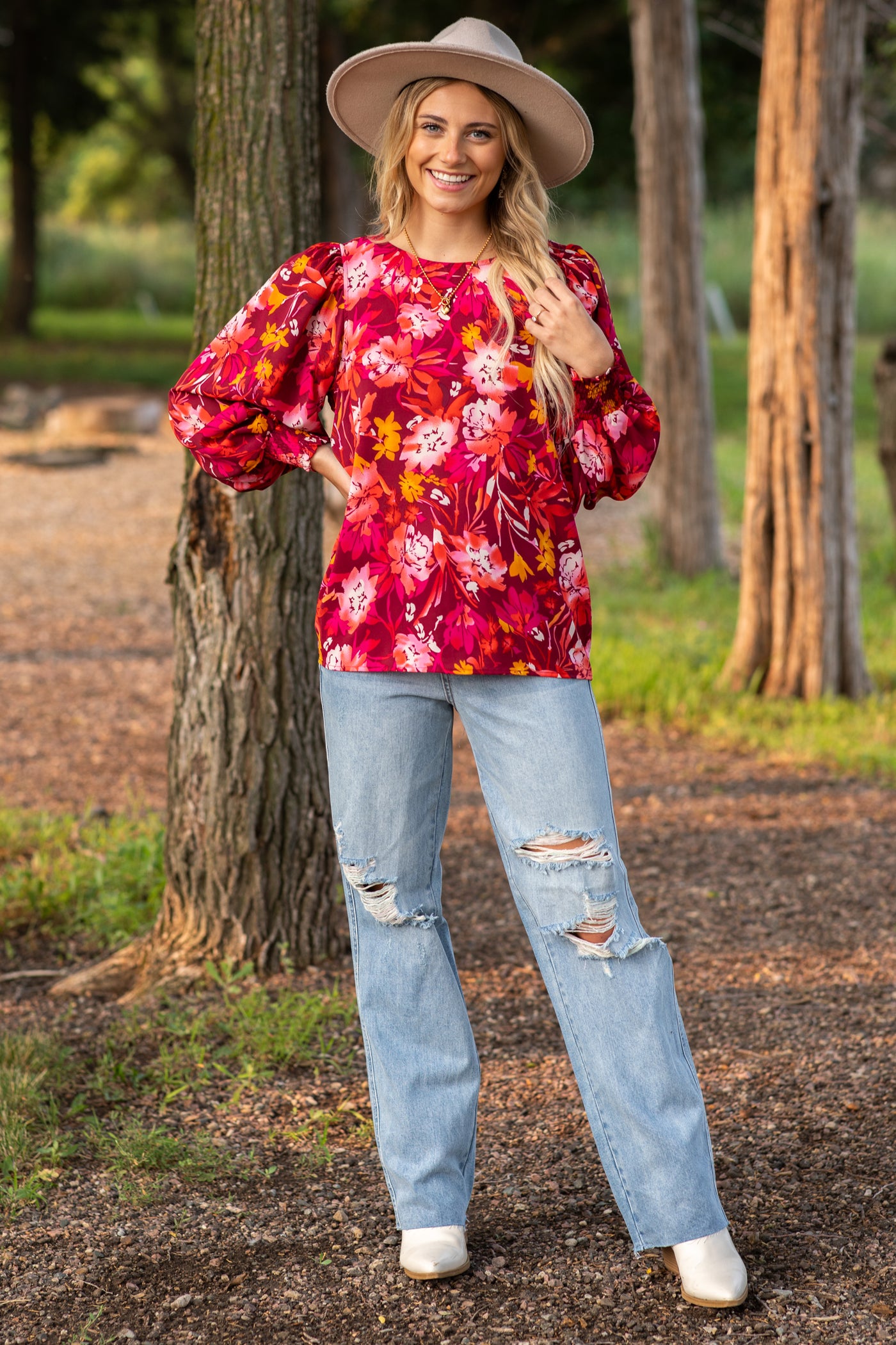 Burgundy and Orange Floral Smocked Cuff Top