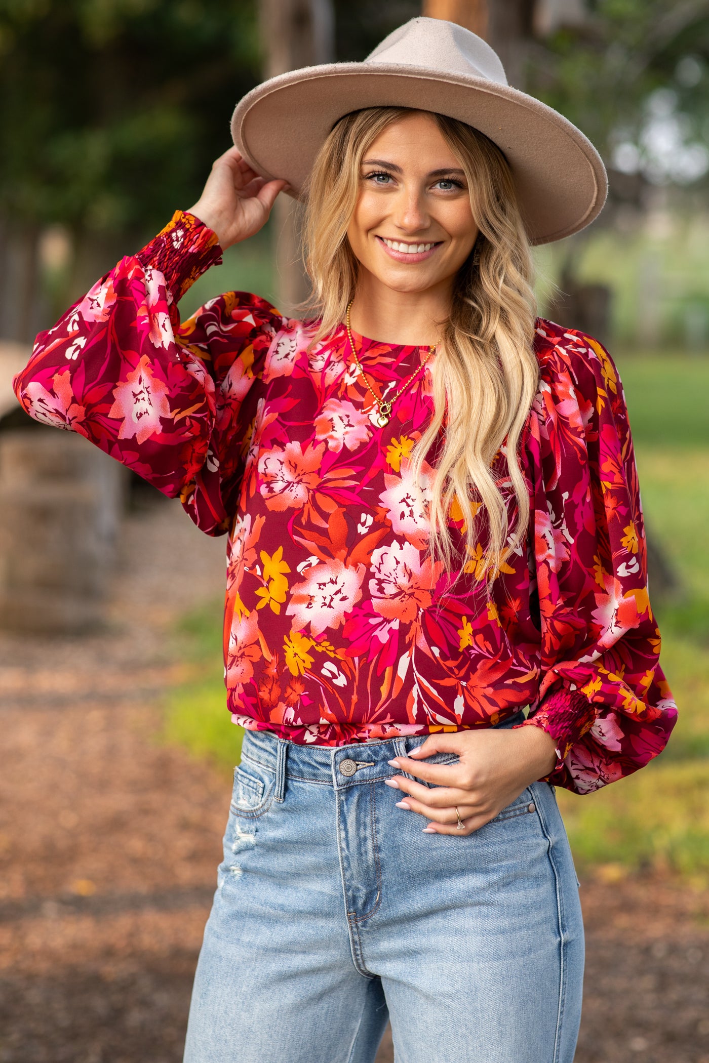 Burgundy and Orange Floral Smocked Cuff Top