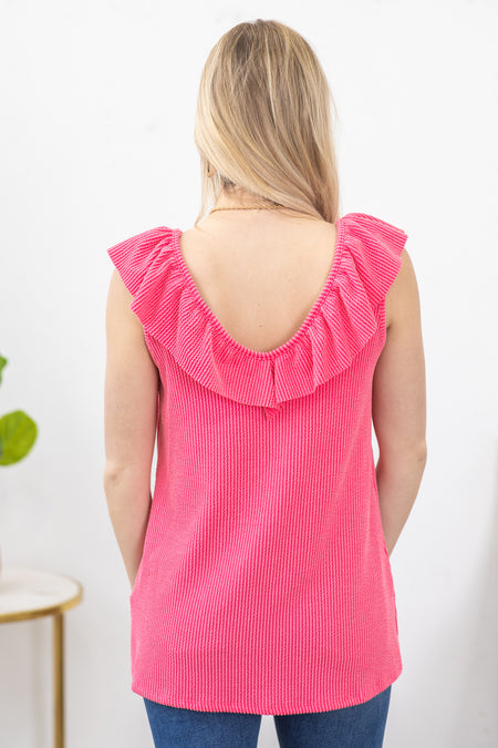 Coral Ruffled V-Neck Ribbed Knit Tank