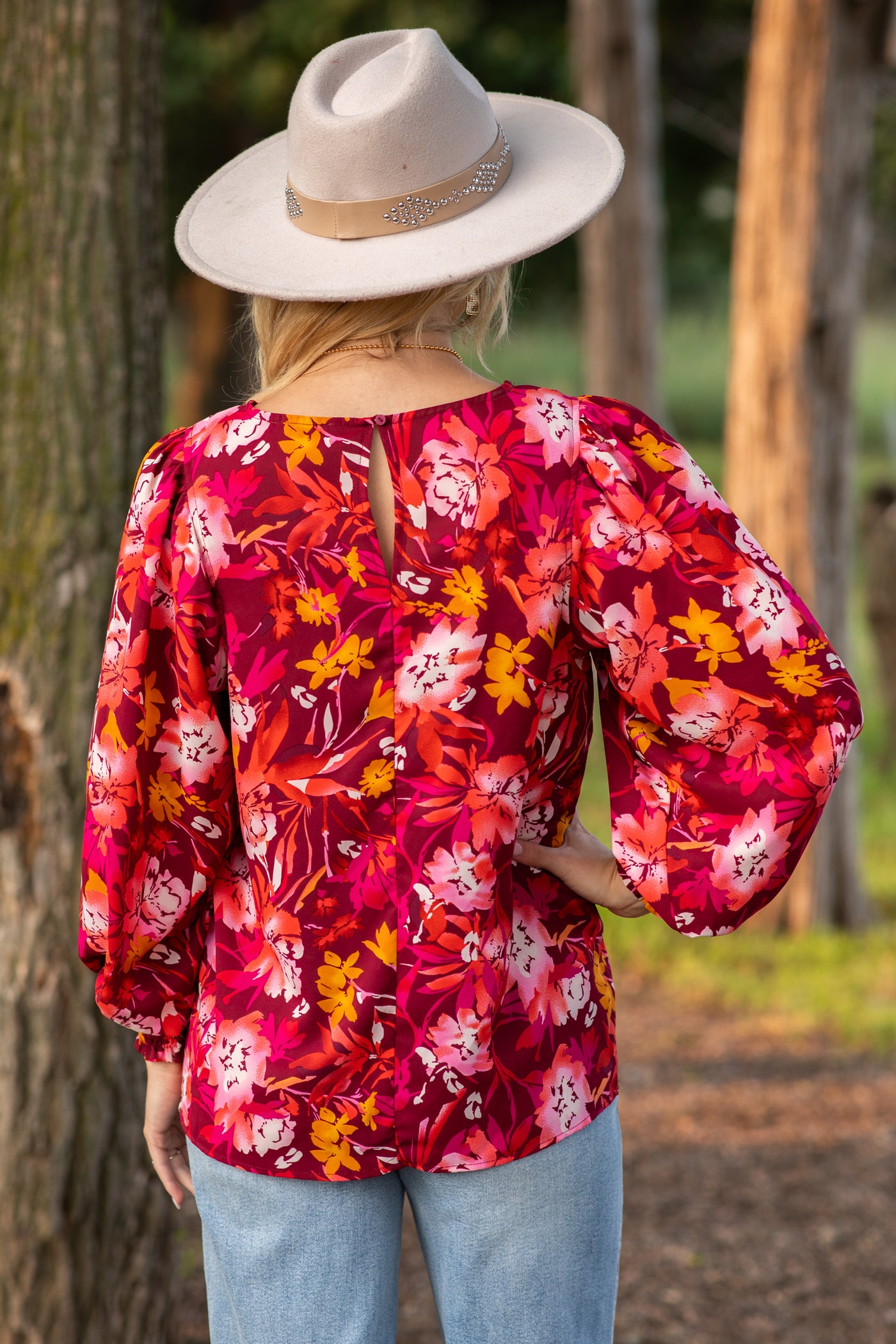 Burgundy and Orange Floral Smocked Cuff Top