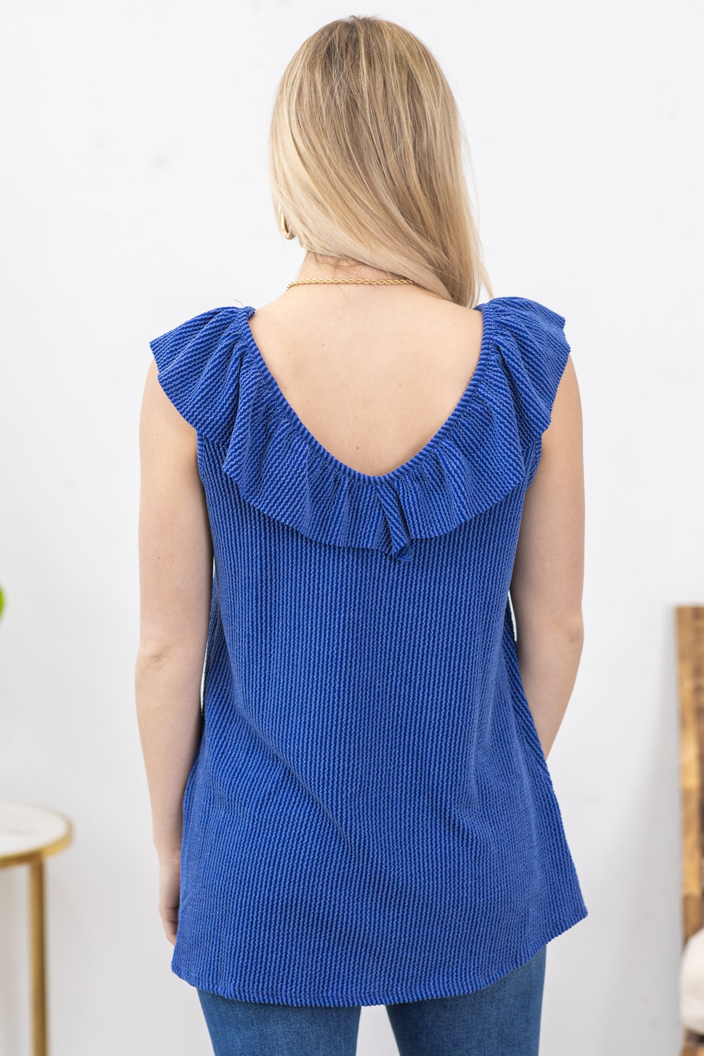 Cobalt Ruffled V-Neck Ribbed Knit Tank