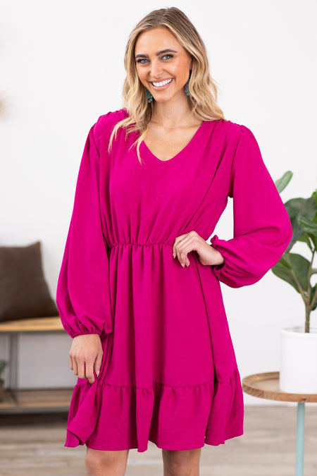 Fuchsia Long Sleeve Elastic Waist Dress - Filly Flair