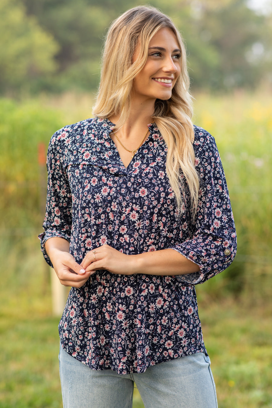 Navy Wrinkle Free Ditsy Floral Lizzy Top