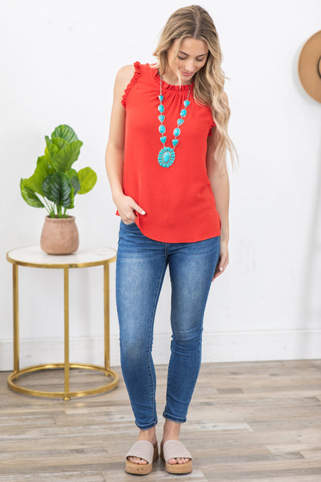 Red Solid Mock Neck With Ruffle Woven Top