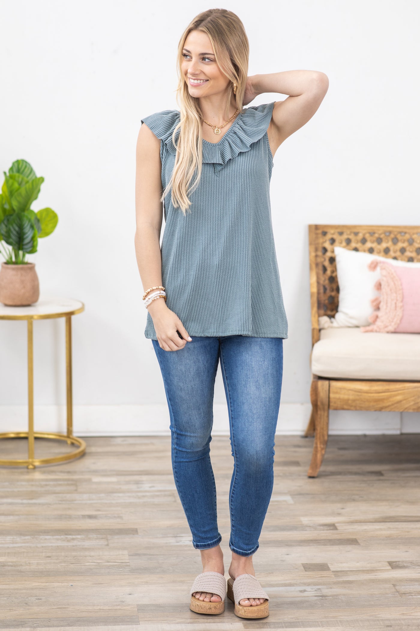 Sage Ruffled V-Neck Ribbed Knit Tank