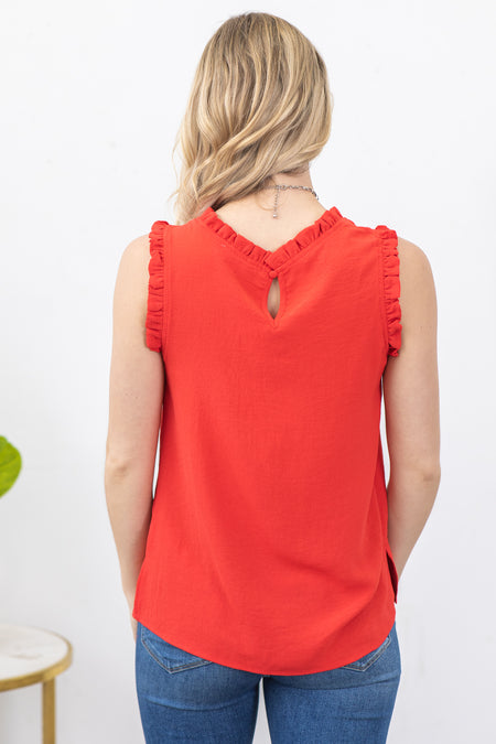 Red Solid Mock Neck With Ruffle Woven Top